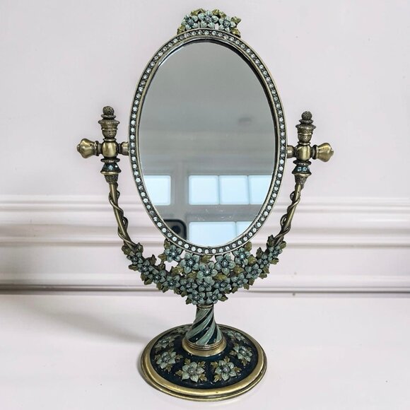 Unique Vintage Other - Vintage Brass Oval Vanity Makeup Desk Mirror, Enameled Metal Jeweled Tabletop